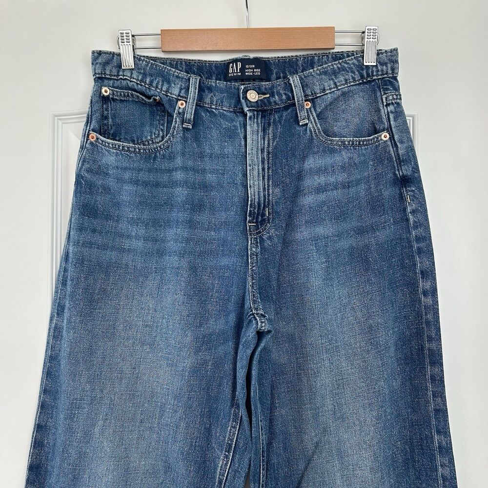 GAP Womens High Rise Wide Leg Jeans 12 /31R Blue Blue Denim Raw Hem Baggy Cotton